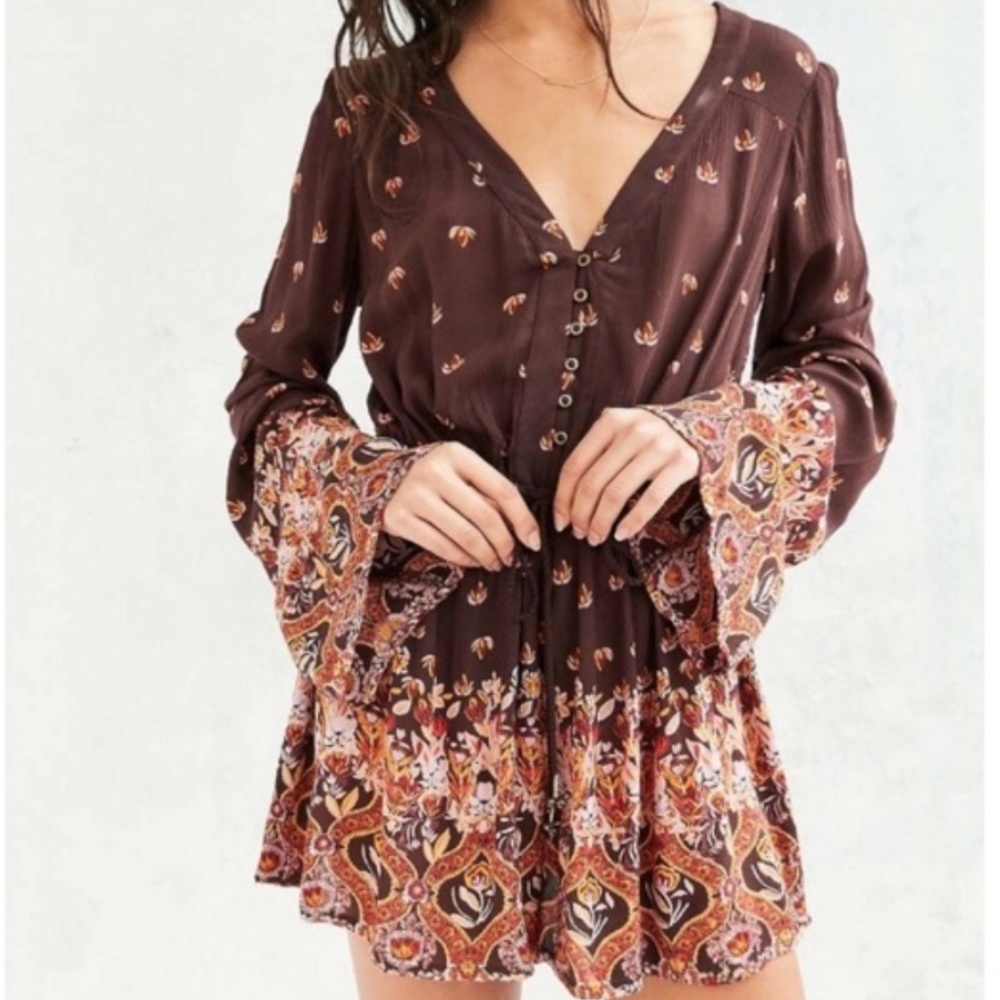 Ecote Button Up Tie Waist Long Sleeve Romper